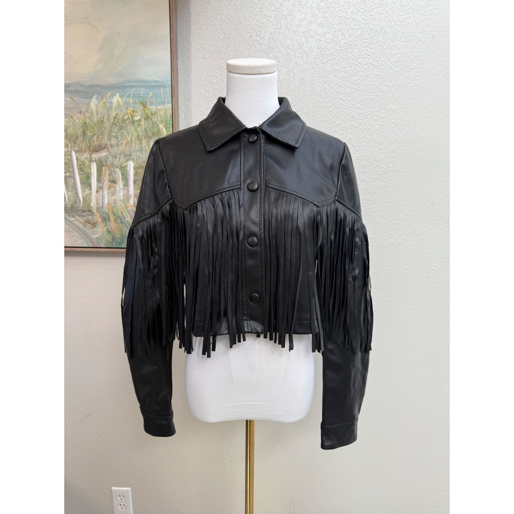 Black Faux Leather Fringe Western Jacket Small